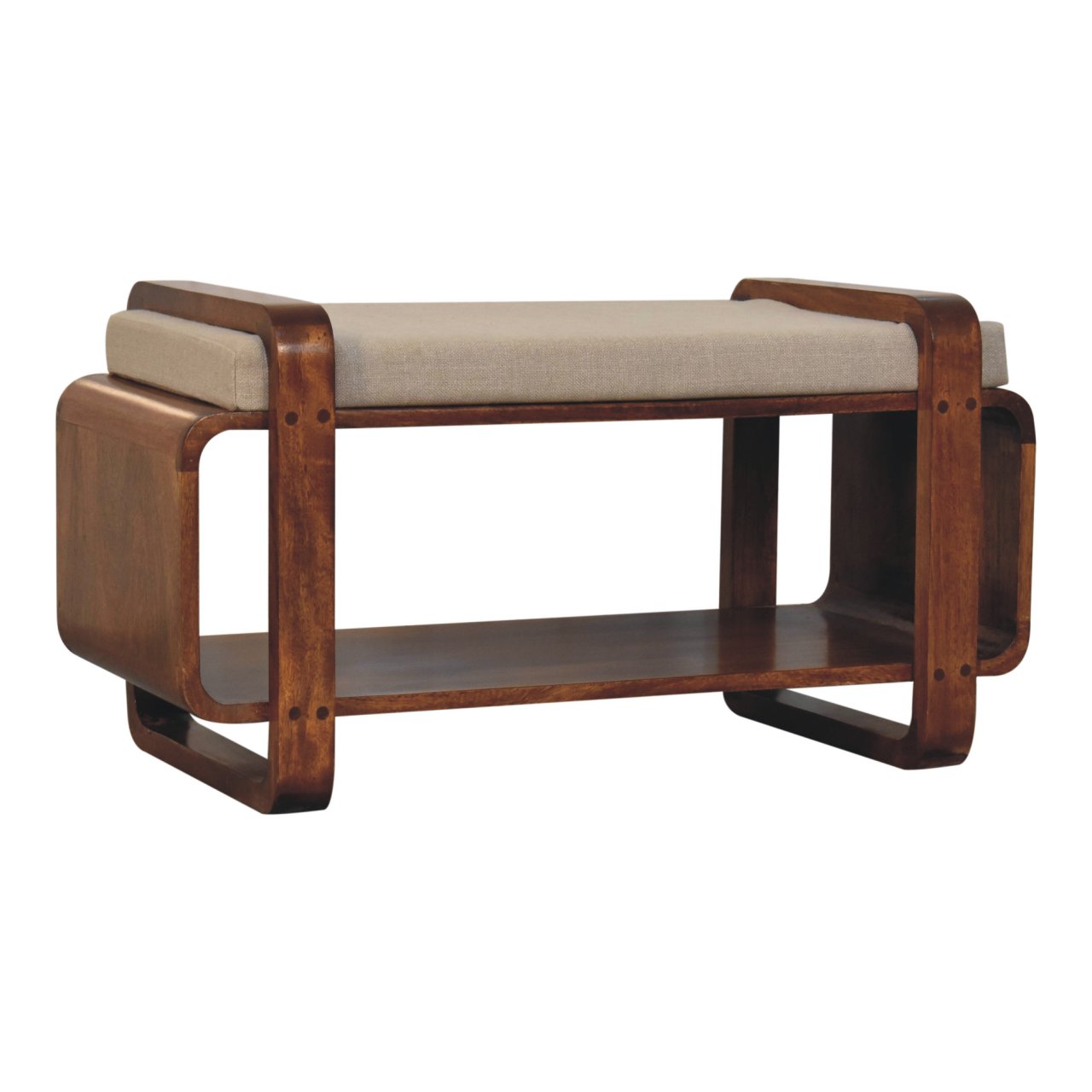 Solid Mango Wood Chestnut Finished Linen Upholstered Loop Bench - Image 3