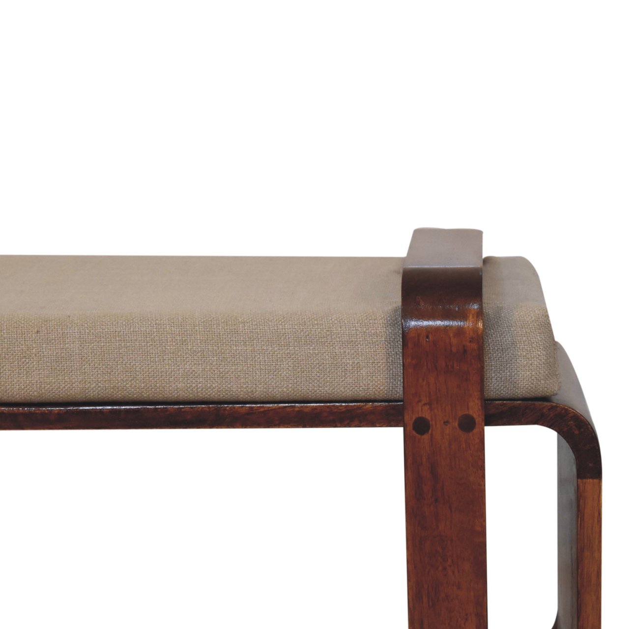 Solid Mango Wood Chestnut Finished Linen Upholstered Loop Bench - Image 4