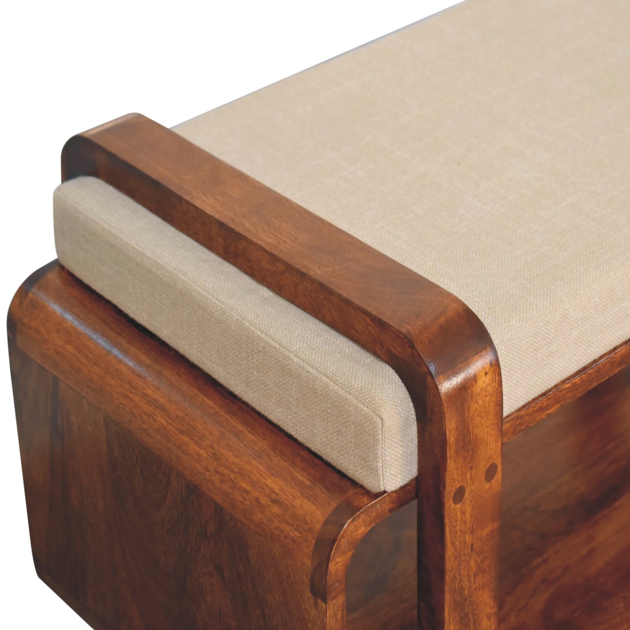 Solid Mango Wood Chestnut Finished Linen Upholstered Loop Bench - Image 5