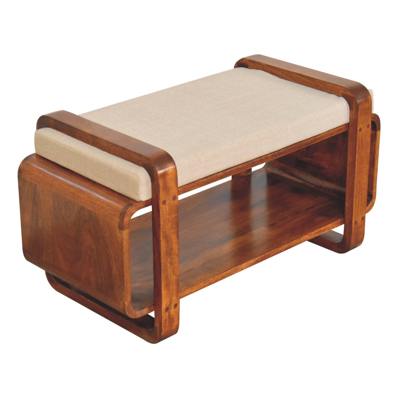 Solid Mango Wood Chestnut Finished Linen Upholstered Loop Bench - Image 6