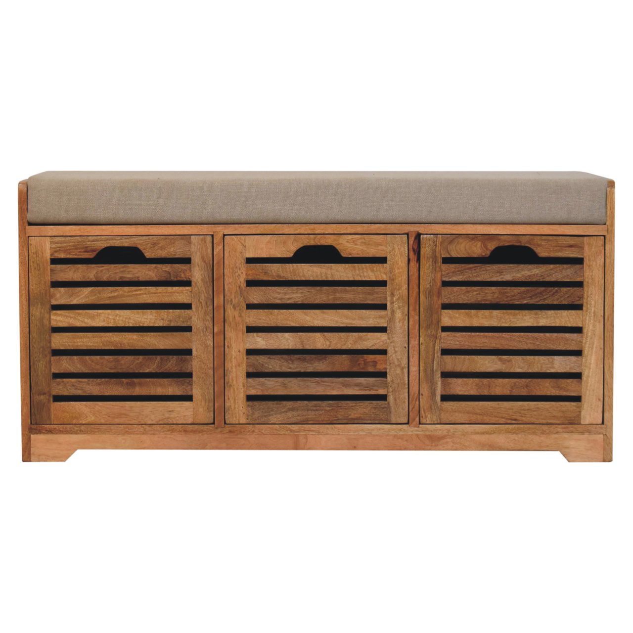 Solid Mango Wood Oak Finished Shutter Boucle Upholstered Shoe Bench
