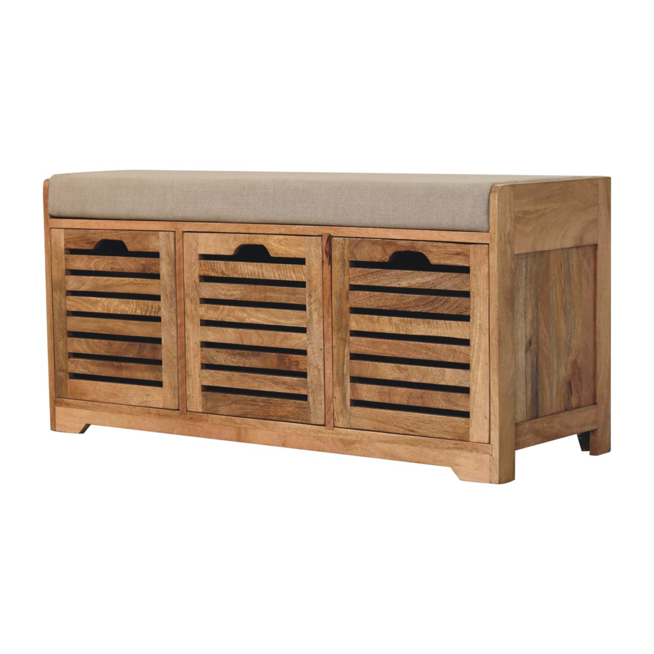 Solid Mango Wood Oak Finished Shutter Boucle Upholstered Shoe Bench - Image 2