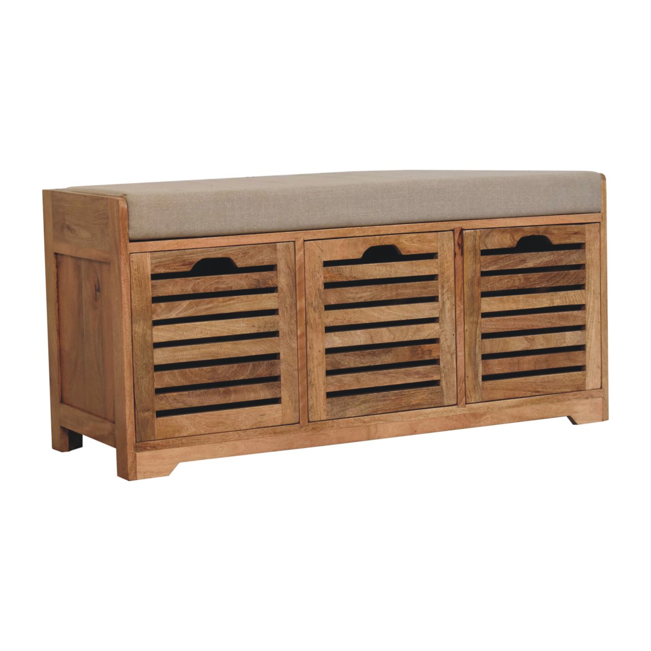 Solid Mango Wood Oak Finished Shutter Boucle Upholstered Shoe Bench - Image 3