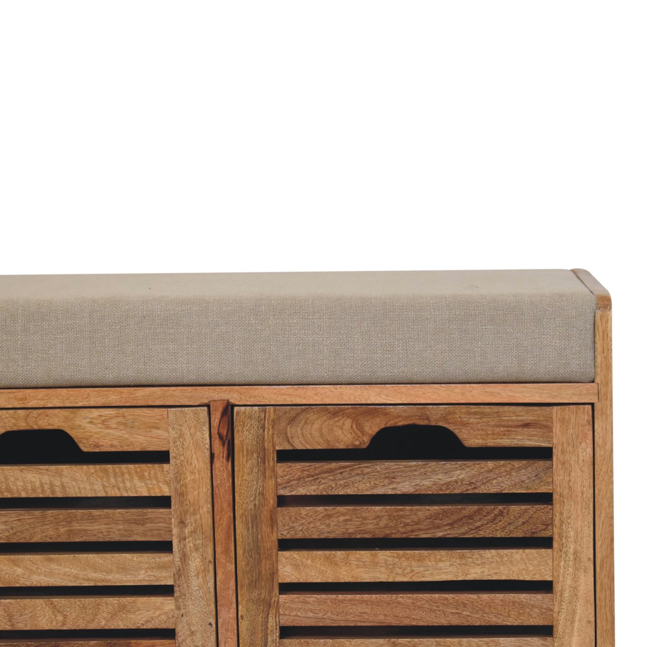 Solid Mango Wood Oak Finished Shutter Boucle Upholstered Shoe Bench - Image 4