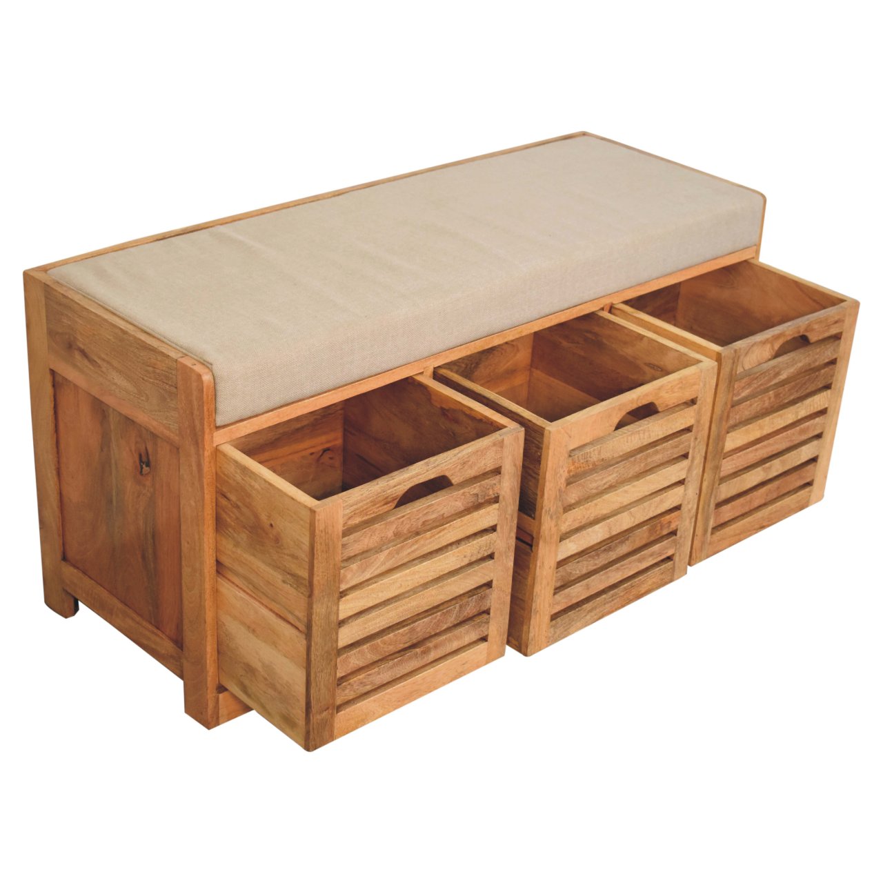 Solid Mango Wood Oak Finished Shutter Boucle Upholstered Shoe Bench - Image 5