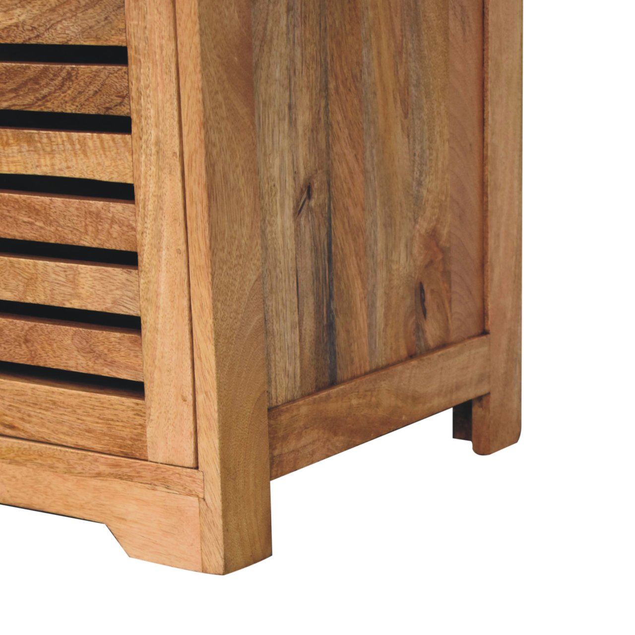 Solid Mango Wood Oak Finished Shutter Boucle Upholstered Shoe Bench - Image 7