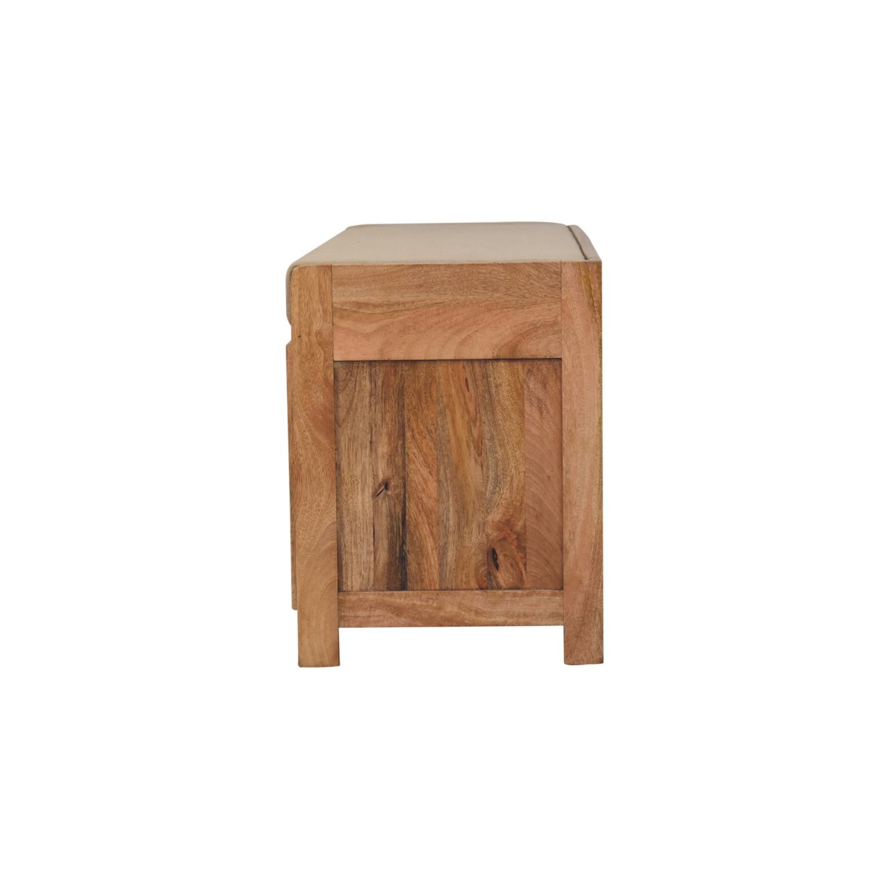 Solid Mango Wood Oak Finished Shutter Boucle Upholstered Shoe Bench - Image 8