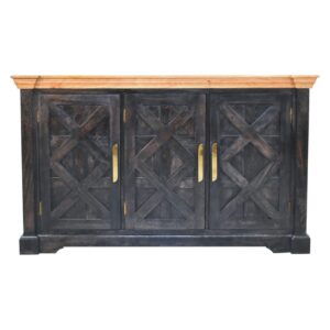 Solid Mango Wood Regal Ash Black Finished Rustic 3 Door Sideboard