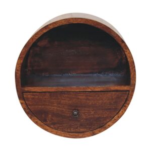Solid Mango Wood Chestnut Finished 1 Drawer Floating Circle Bedside