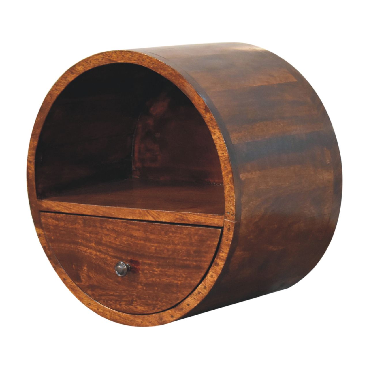 Solid Mango Wood Chestnut Finished 1 Drawer Floating Circle Bedside - Image 2
