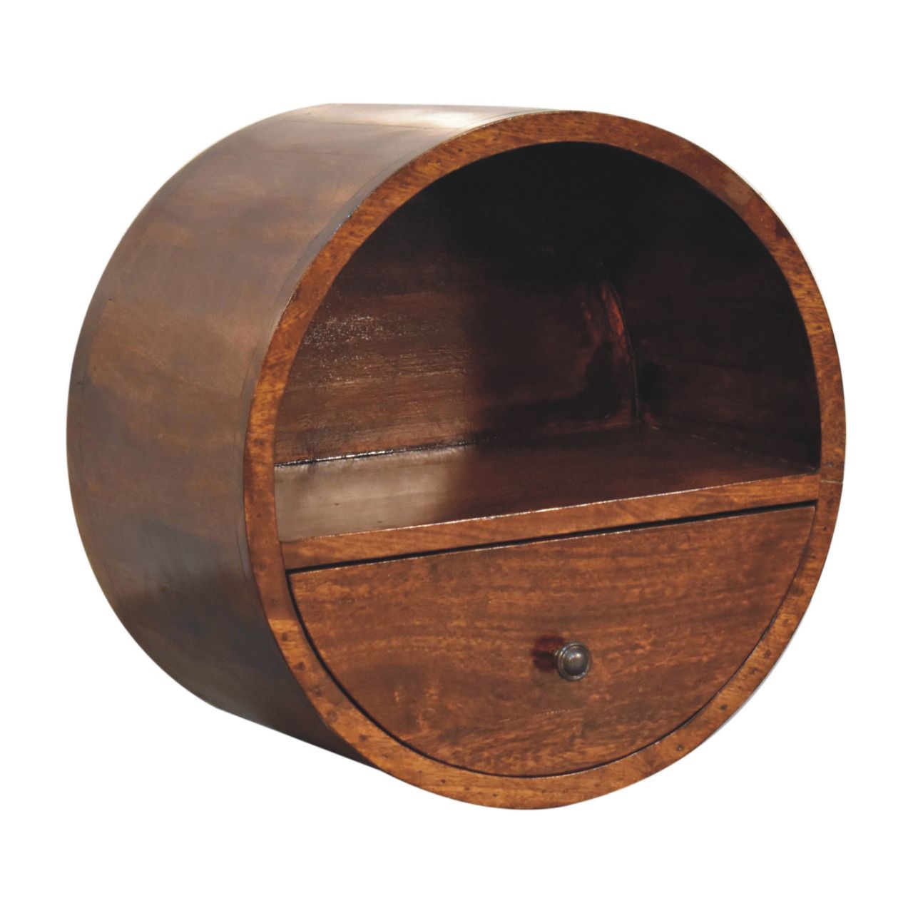 Solid Mango Wood Chestnut Finished 1 Drawer Floating Circle Bedside - Image 3