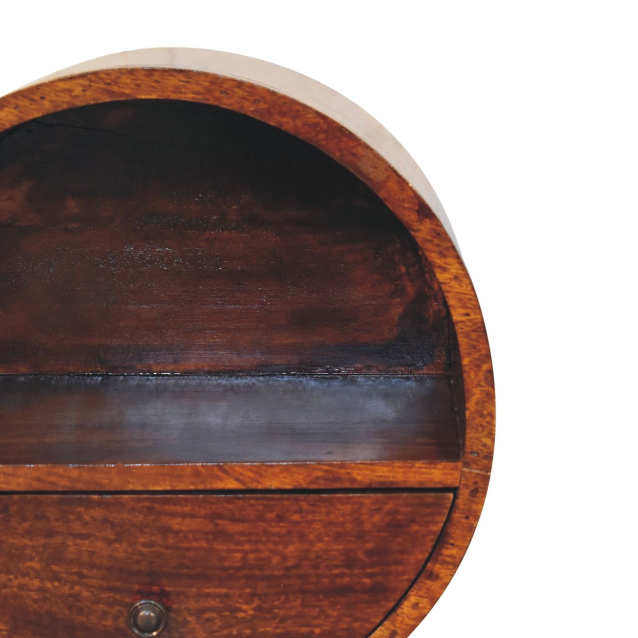 Solid Mango Wood Chestnut Finished 1 Drawer Floating Circle Bedside - Image 4