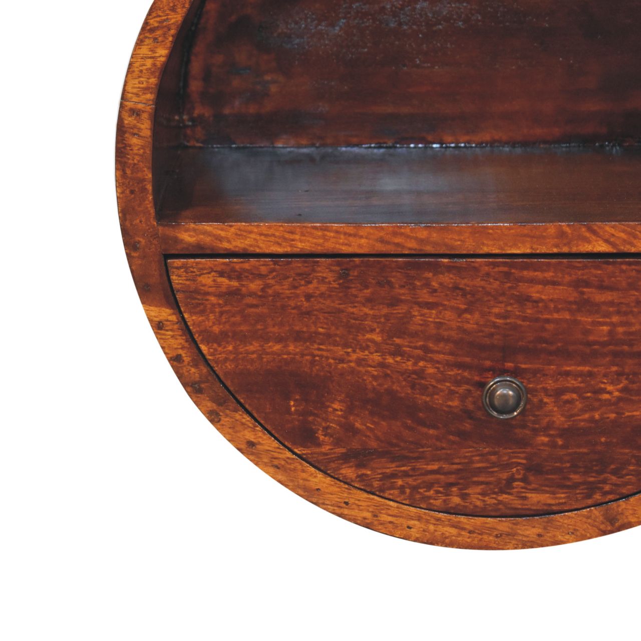 Solid Mango Wood Chestnut Finished 1 Drawer Floating Circle Bedside - Image 5