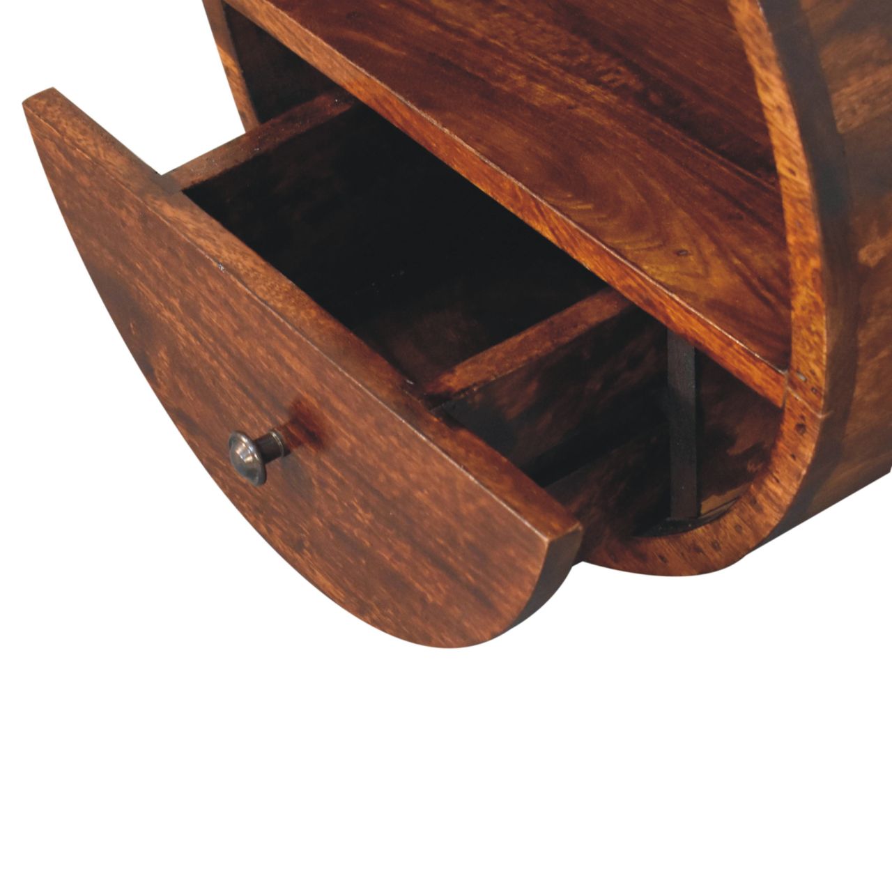 Solid Mango Wood Chestnut Finished 1 Drawer Floating Circle Bedside - Image 6