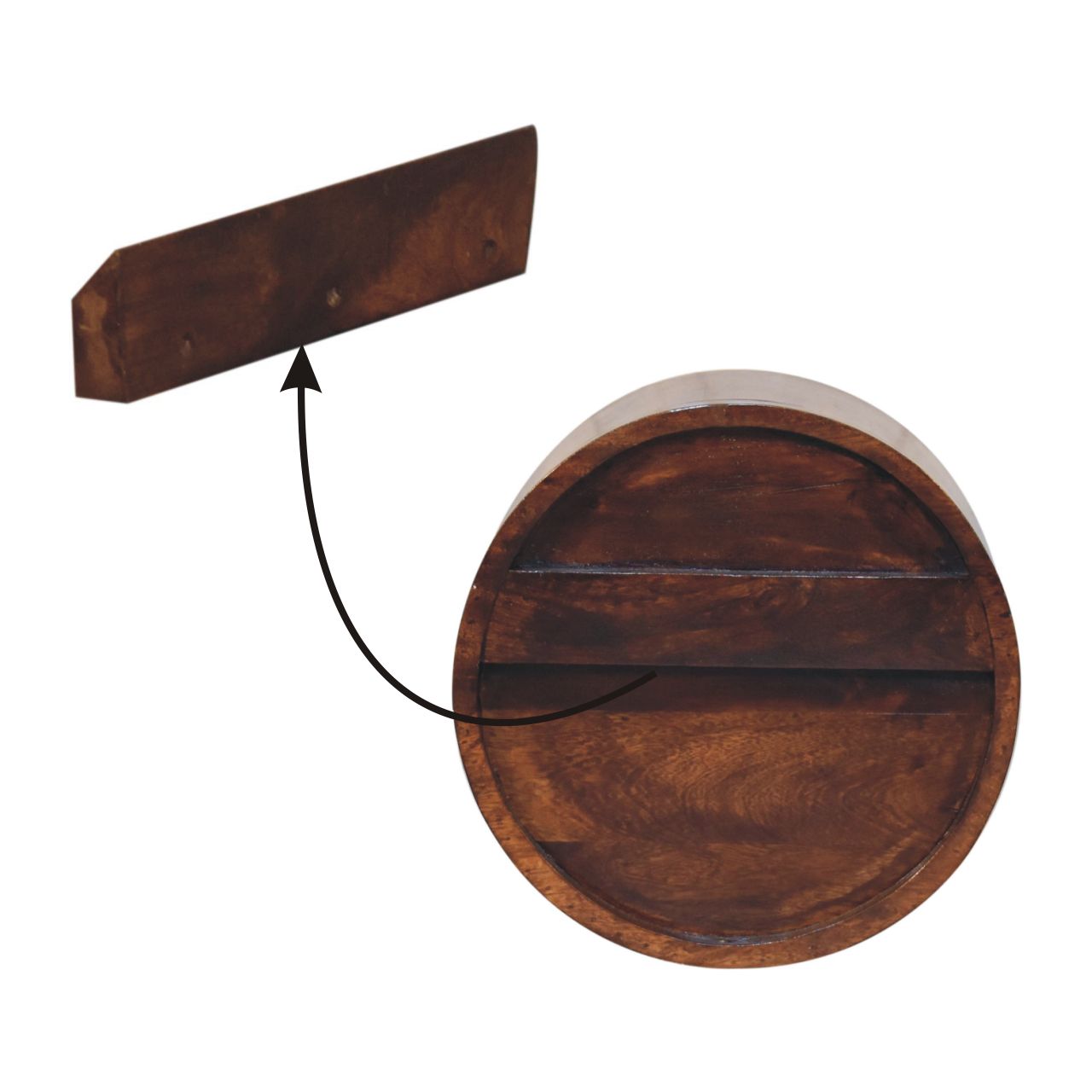 Solid Mango Wood Chestnut Finished 1 Drawer Floating Circle Bedside - Image 9