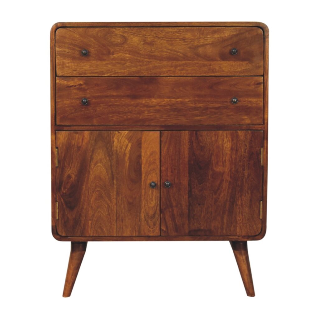 Solid Mango Wood Chestnut Finished 2 Drawer 2 Door Curved Nordic Charm Cabinet