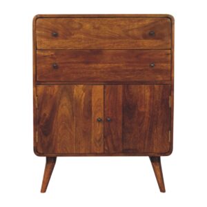 Solid Mango Wood Chestnut Finished 2 Drawer 2 Door Curved Nordic Charm Cabinet