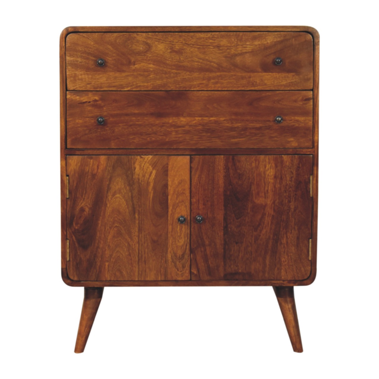 Solid Mango Wood Chestnut Finished 2 Drawer 2 Door Curved Nordic Charm Cabinet