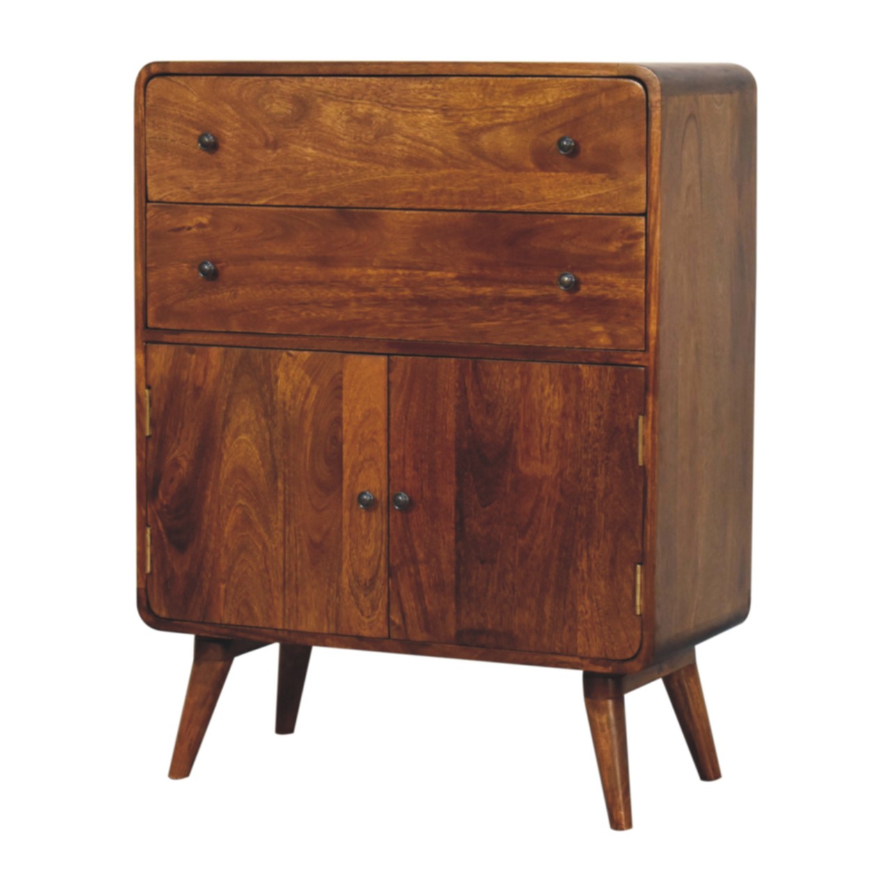 Solid Mango Wood Chestnut Finished 2 Drawer 2 Door Curved Nordic Charm Cabinet - Image 3