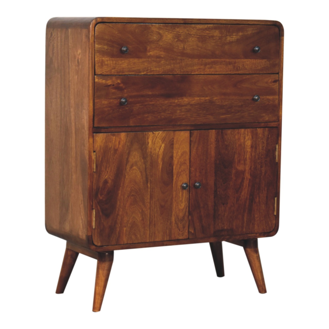 Solid Mango Wood Chestnut Finished 2 Drawer 2 Door Curved Nordic Charm Cabinet - Image 4