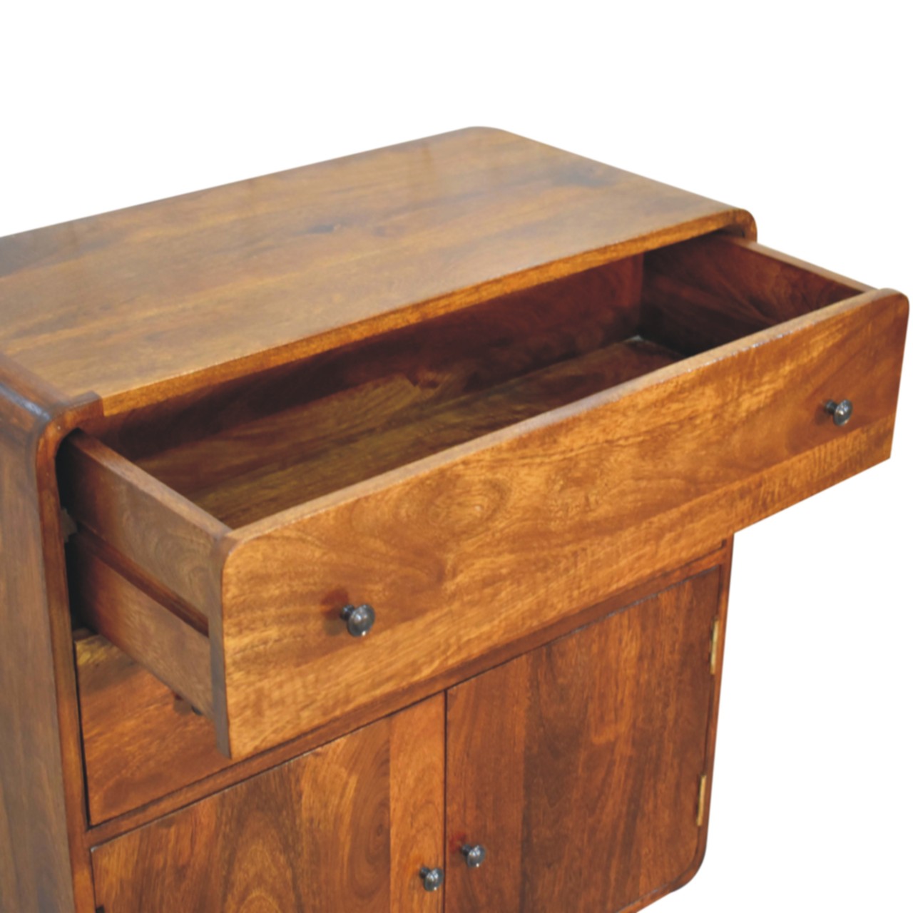 Solid Mango Wood Chestnut Finished 2 Drawer 2 Door Curved Nordic Charm Cabinet - Image 6