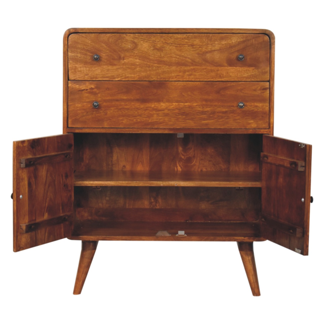 Solid Mango Wood Chestnut Finished 2 Drawer 2 Door Curved Nordic Charm Cabinet - Image 7