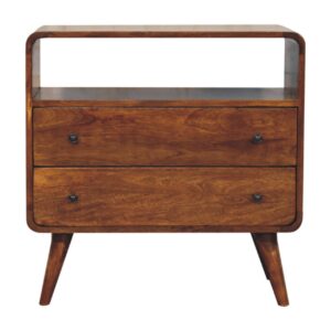 Solid Mango Wood Chestnut Finished 2 Drawer Curved Nordic Charm Chest