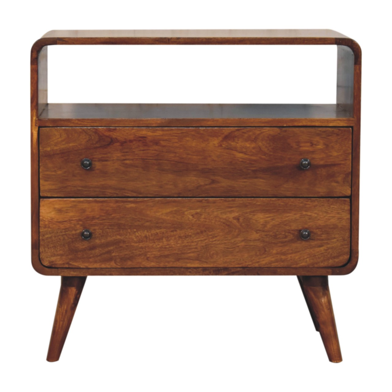 Solid Mango Wood Chestnut Finished 2 Drawer Curved Nordic Charm Chest