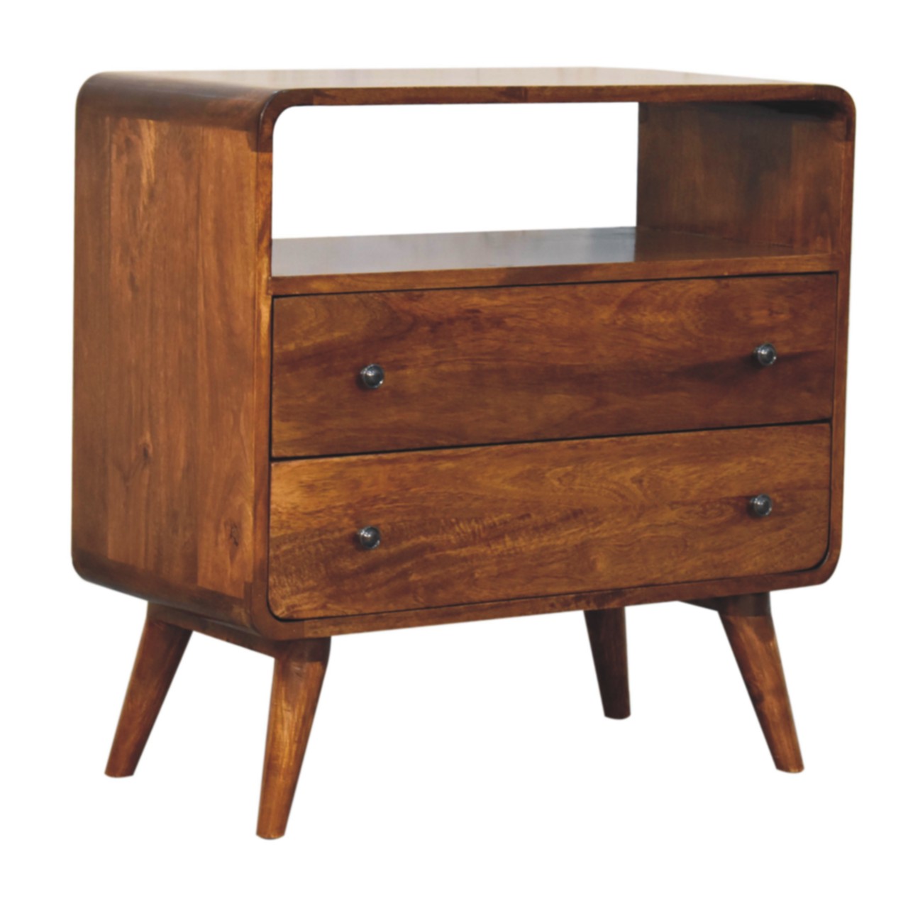 Solid Mango Wood Chestnut Finished 2 Drawer Curved Nordic Charm Chest - Image 2