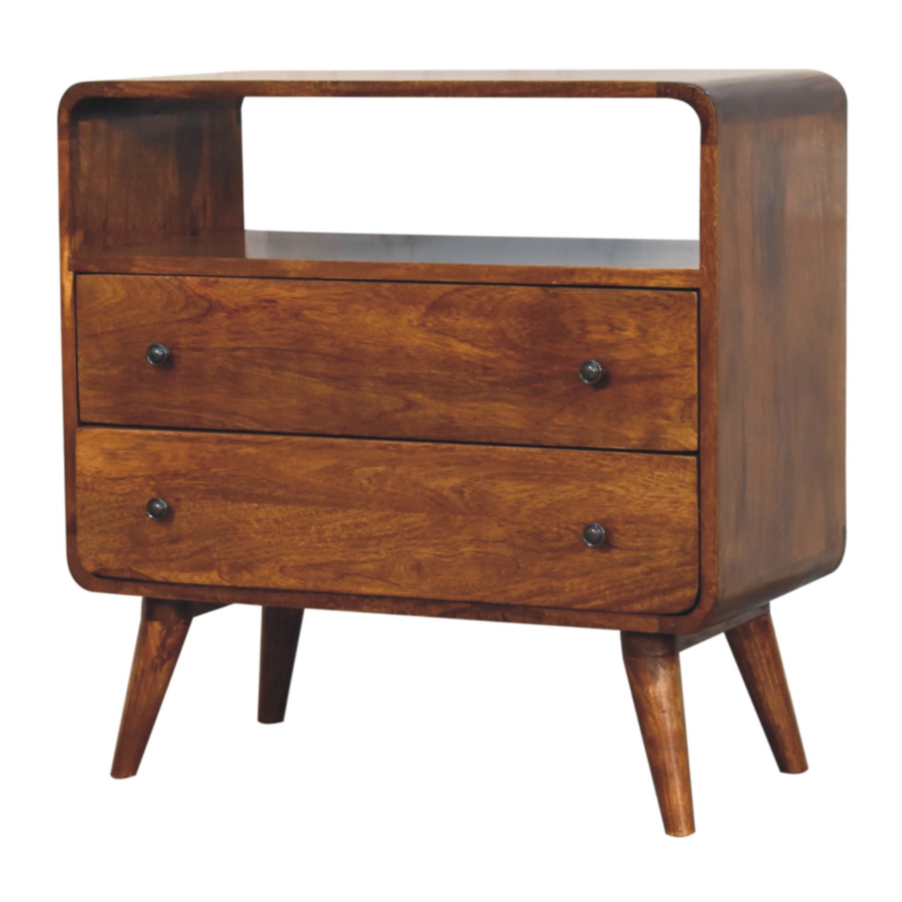 Solid Mango Wood Chestnut Finished 2 Drawer Curved Nordic Charm Chest - Image 3