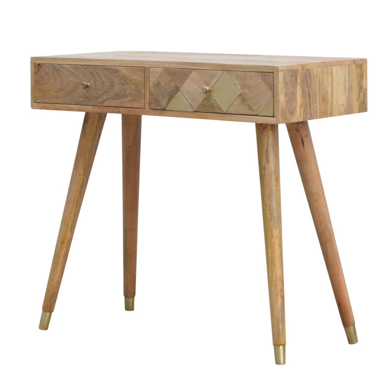 Solid Mango Wood Scandinavian Style Brass Geometric Drawer Front Desk - Image 2