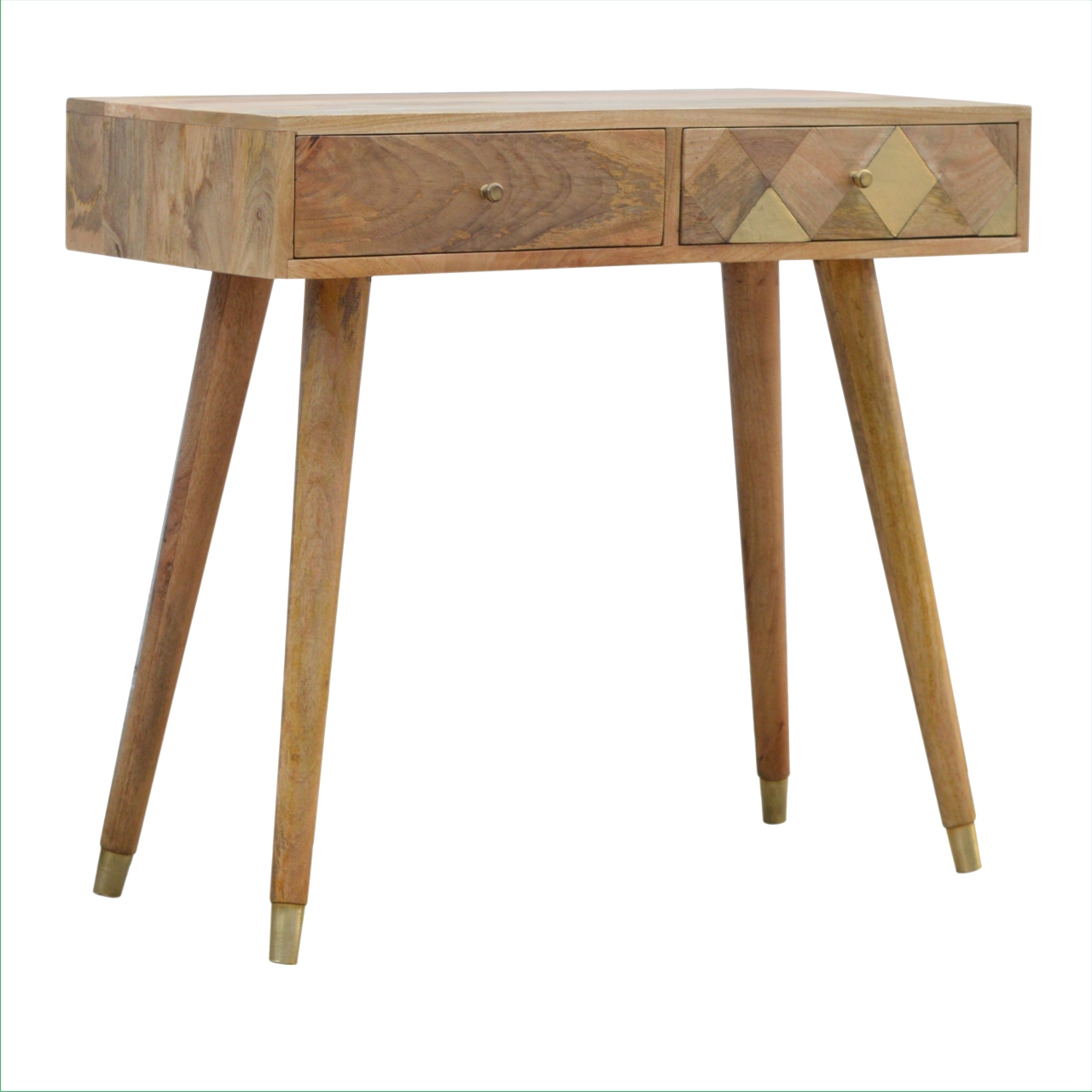 Solid Mango Wood Scandinavian Style Brass Geometric Drawer Front Desk - Image 3