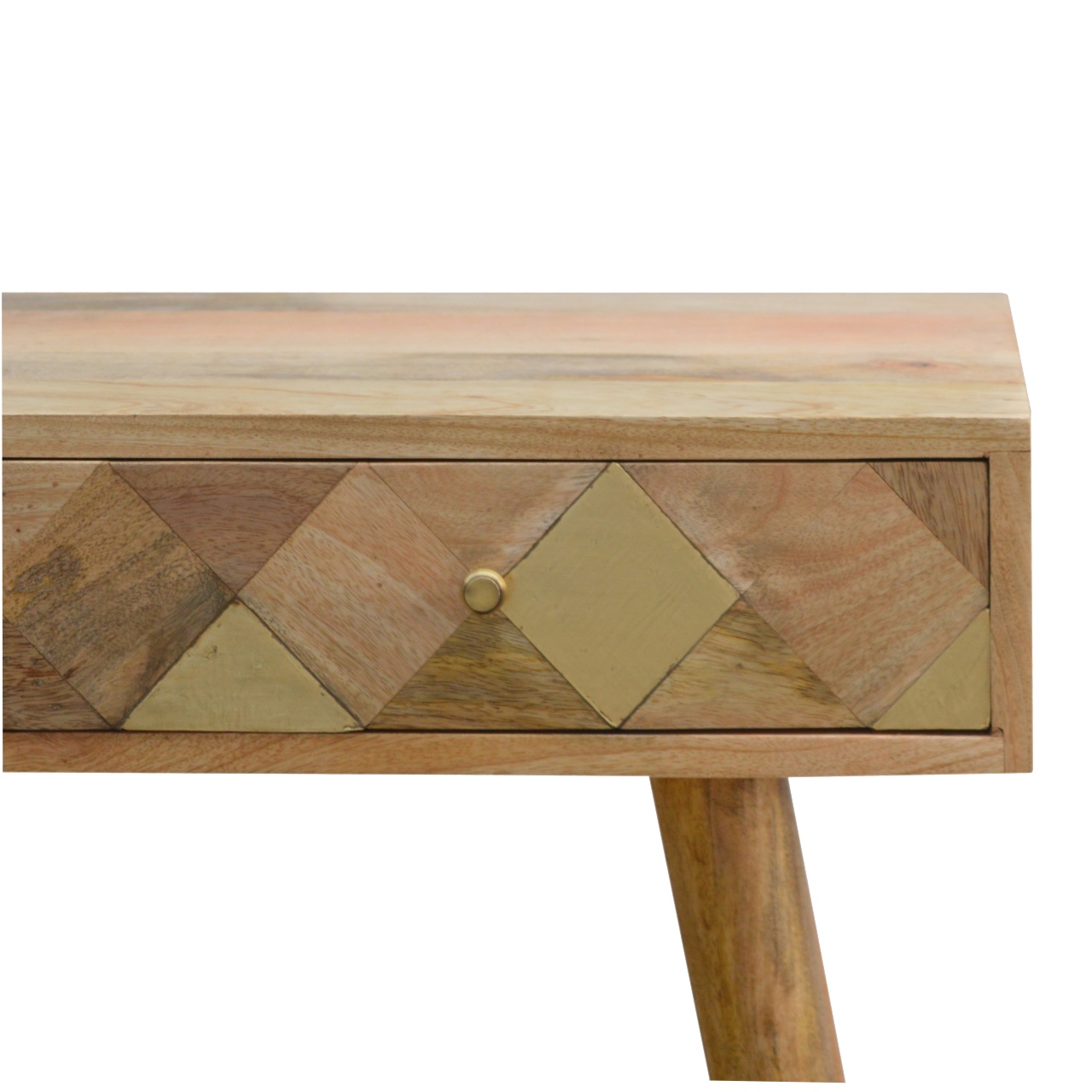 Solid Mango Wood Scandinavian Style Brass Geometric Drawer Front Desk - Image 4