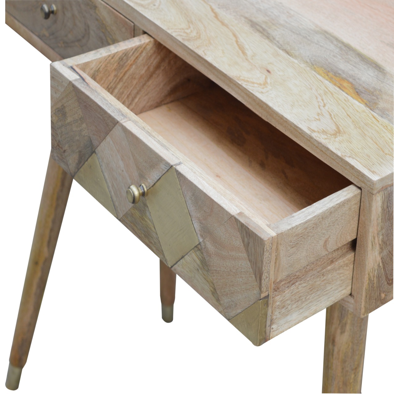 Solid Mango Wood Scandinavian Style Brass Geometric Drawer Front Desk - Image 7