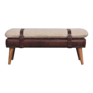 Solid Mango Wood Boucle & Mahogany Leather Finished Bench