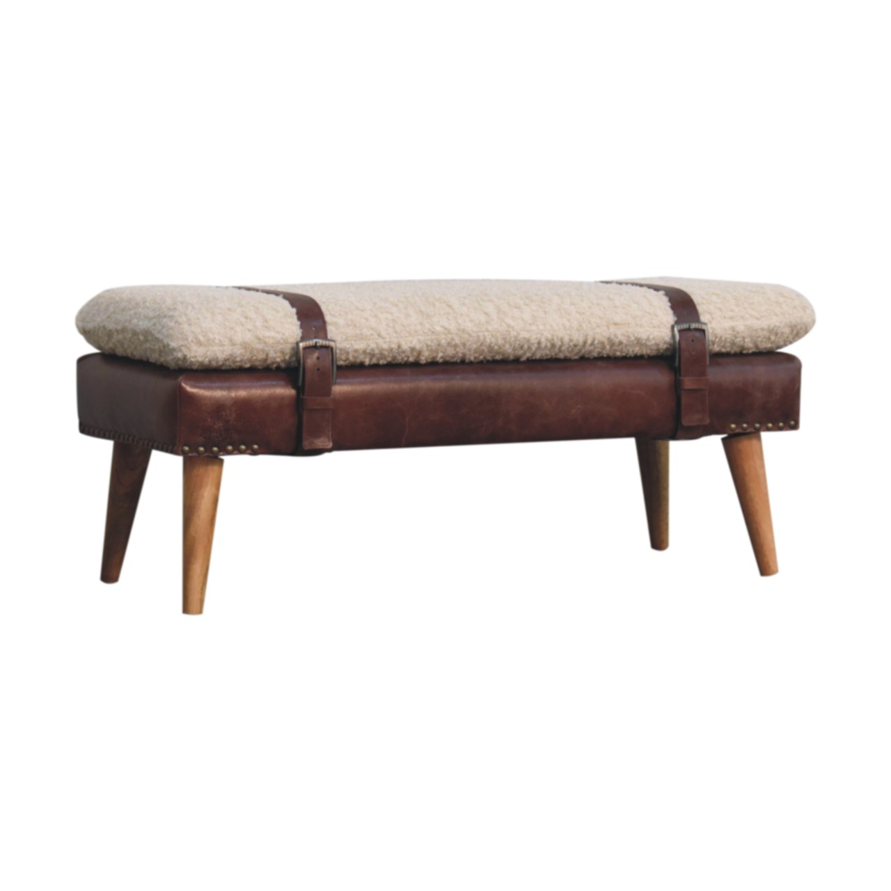 Solid Mango Wood Boucle & Mahogany Leather Finished Bench - Image 2