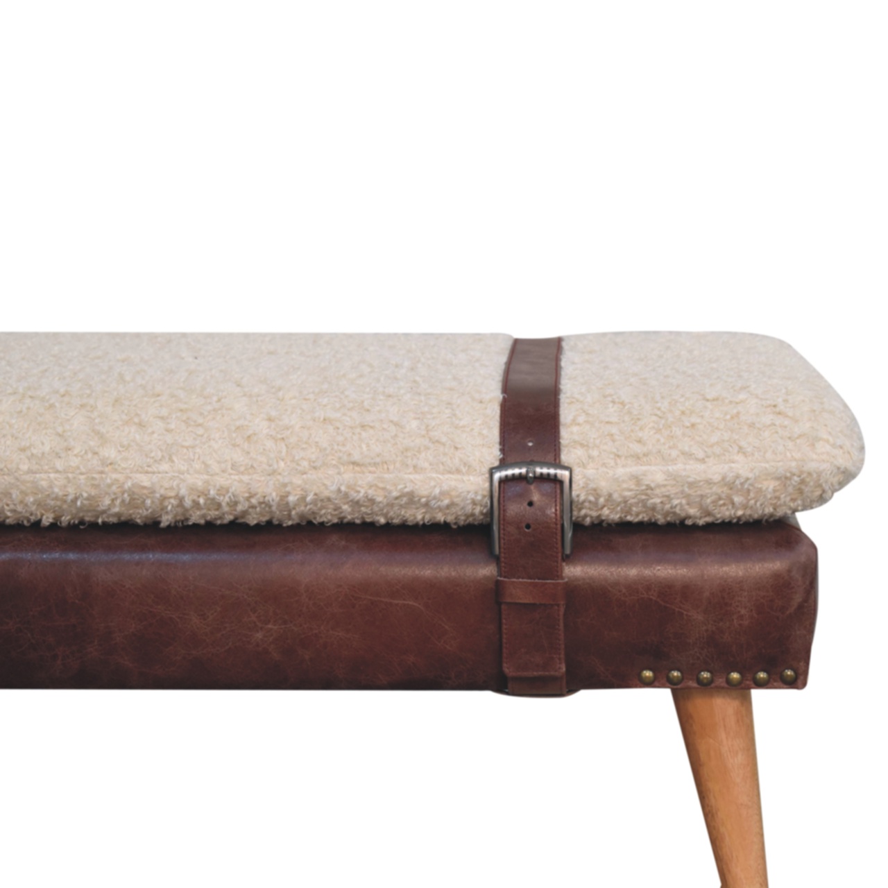 Solid Mango Wood Boucle & Mahogany Leather Finished Bench - Image 4