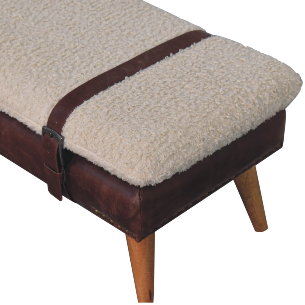 Solid Mango Wood Boucle & Mahogany Leather Finished Bench - Image 5