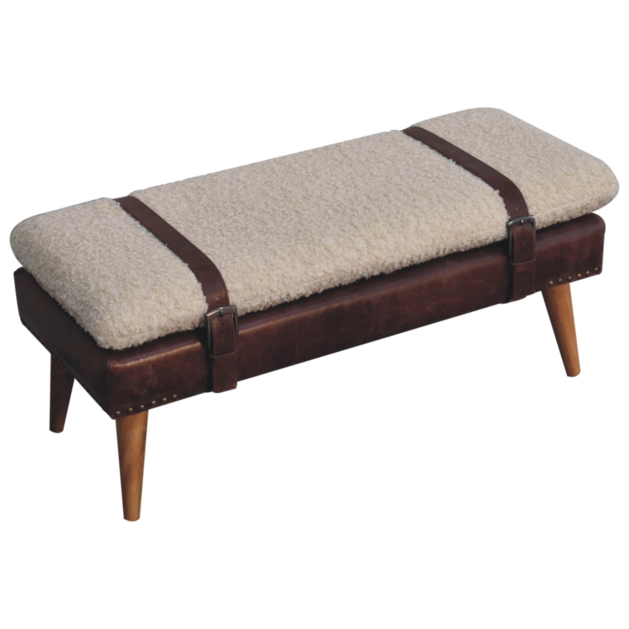 Solid Mango Wood Boucle & Mahogany Leather Finished Bench - Image 6