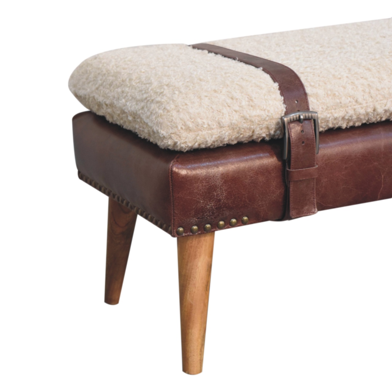 Solid Mango Wood Boucle & Mahogany Leather Finished Bench - Image 7