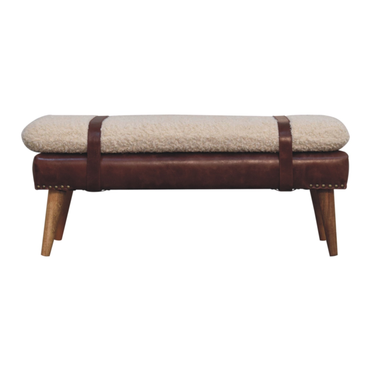 Solid Mango Wood Boucle & Mahogany Leather Finished Bench - Image 9