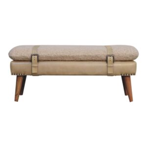 Solid Mango Wood Boucle & Beige Leather Finished Bench