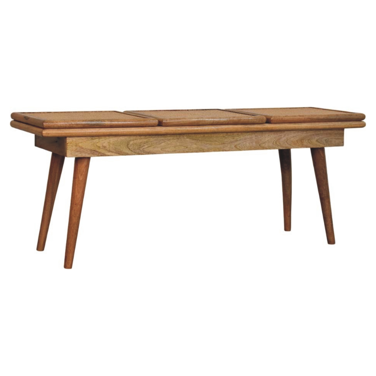 Solid Mango Wood Larissa Oak Finished Triple Rattan Seats Bench - Image 2