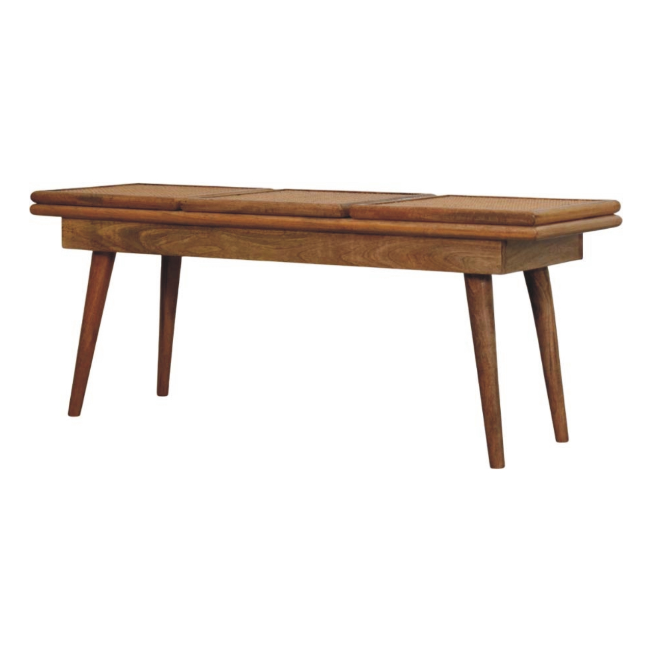 Solid Mango Wood Larissa Oak Finished Triple Rattan Seats Bench - Image 3