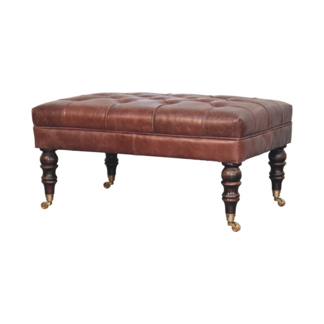Solid Mango Wood Buffalo Brown Leather Ottoman with Castor Legs - Image 2