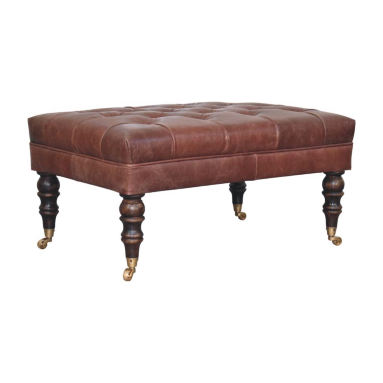 Solid Mango Wood Buffalo Brown Leather Ottoman with Castor Legs - Image 3