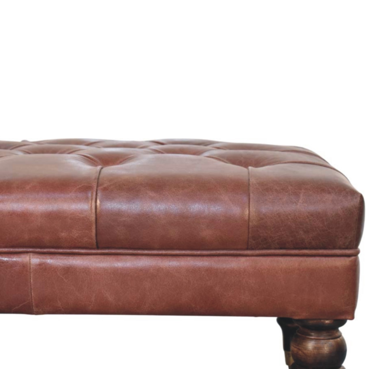 Solid Mango Wood Buffalo Brown Leather Ottoman with Castor Legs - Image 4