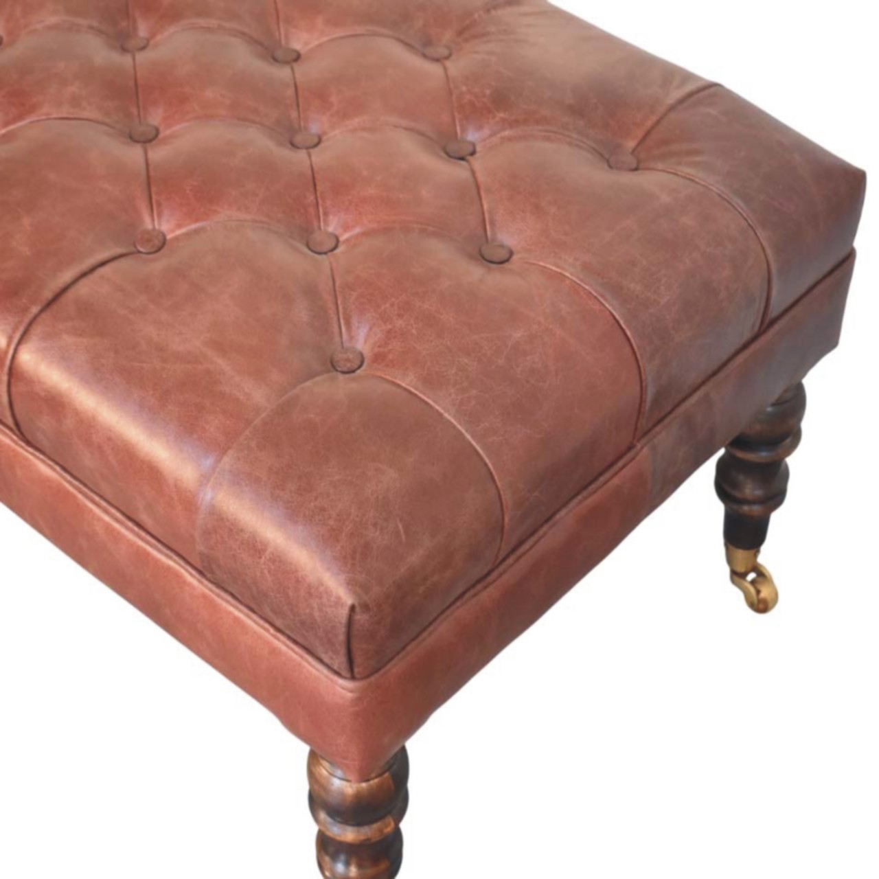 Solid Mango Wood Buffalo Brown Leather Ottoman with Castor Legs - Image 5