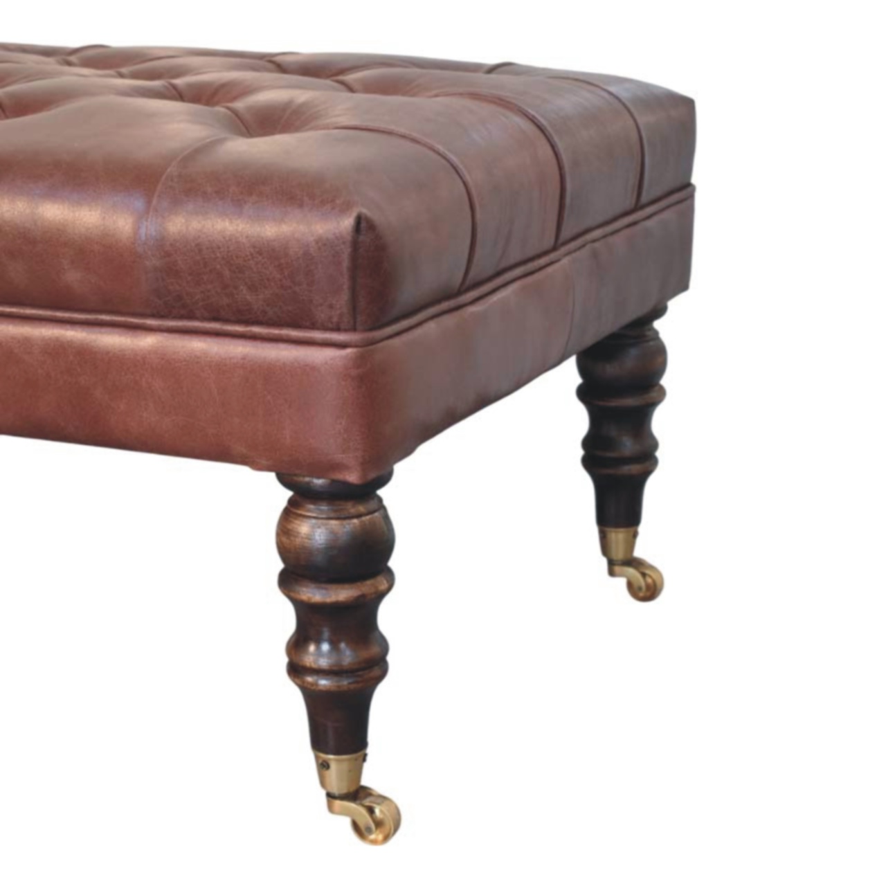 Solid Mango Wood Buffalo Brown Leather Ottoman with Castor Legs - Image 6