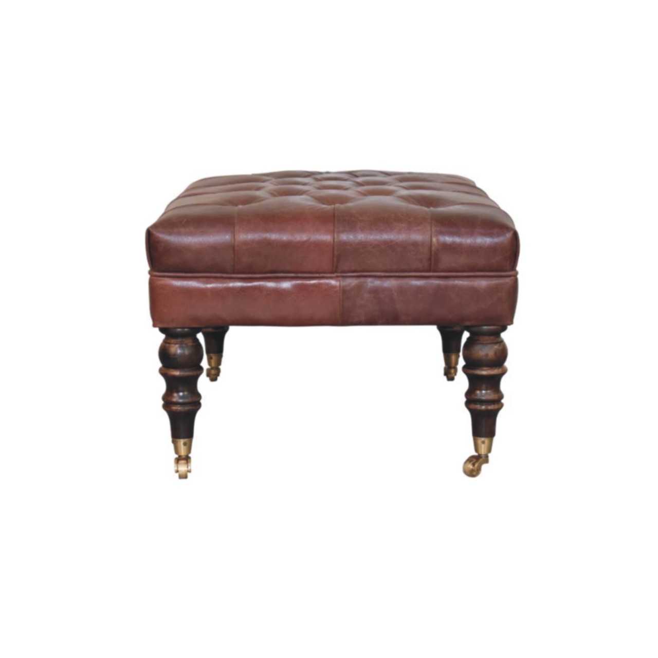 Solid Mango Wood Buffalo Brown Leather Ottoman with Castor Legs - Image 7